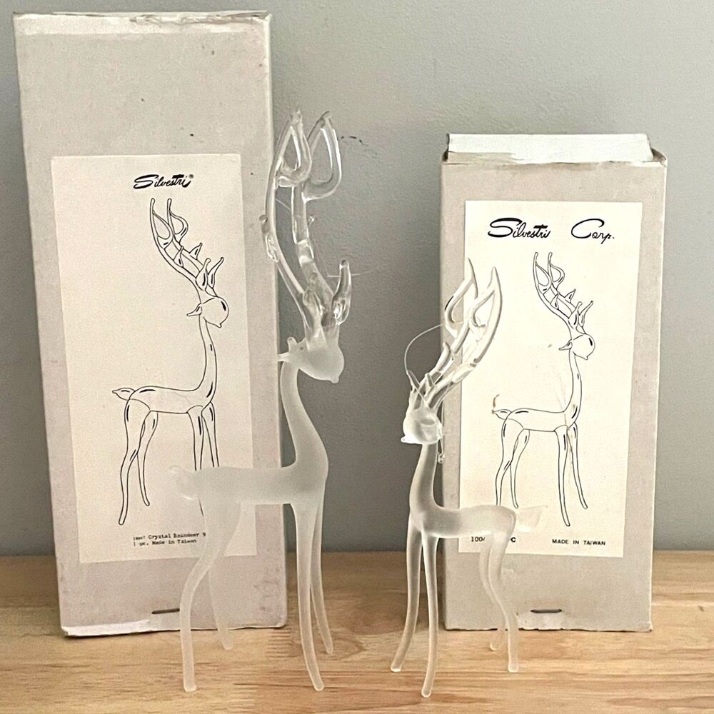 Vintage Silvestri Crystal Glass Reindeer Figurines Set of 2 Taiwan w Boxes